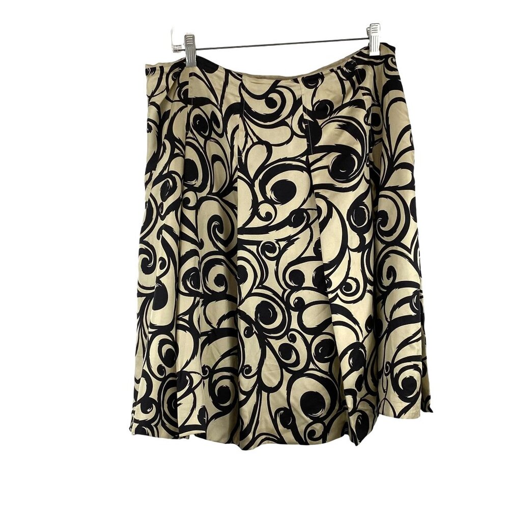 Talbots Petites Silk A-Line Pleated Skirt Black Beige Swirl Print Flowy Lined 16